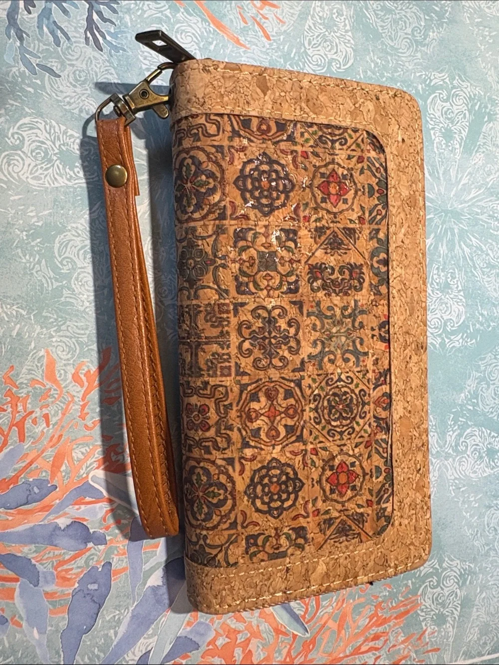 Cork Zip Wallet with Patterned Inlay - Neutral Tan - Picture 4 of 4